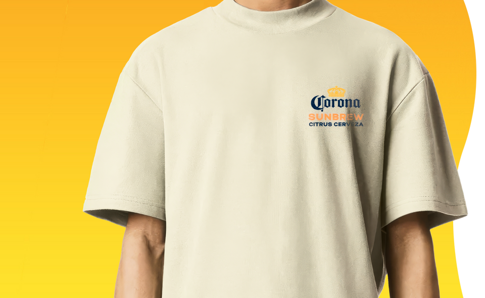 A person wearing a T-shirt with a Corona logo
